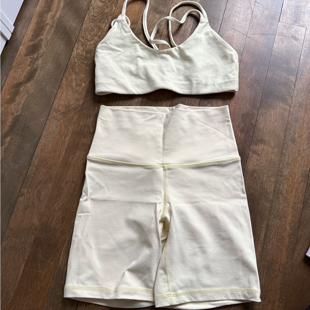 TNA Cream Strappy Sports Bra and High-Waist Biker Shorts Set